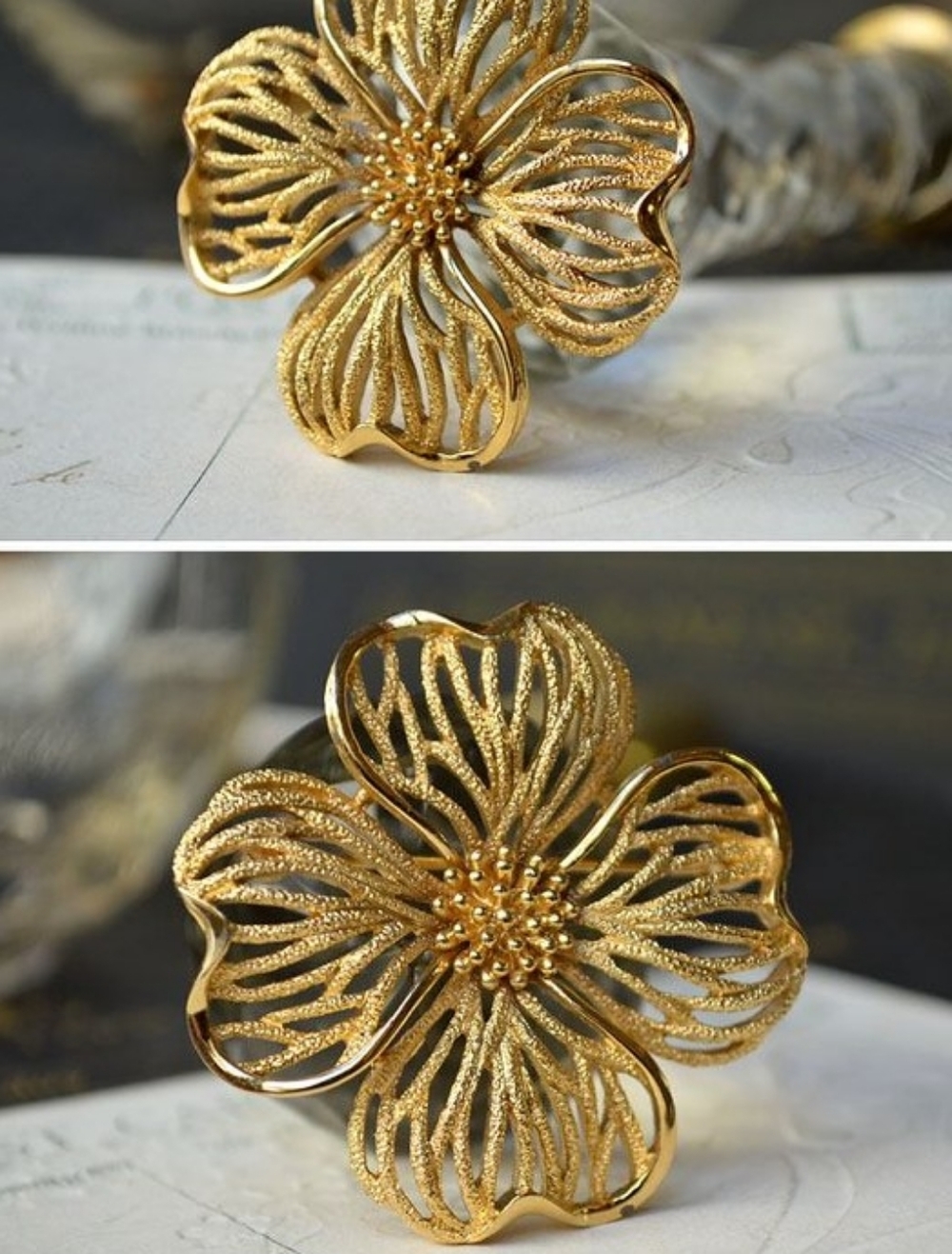 Vintage CrownTrifari Gold Dogwood Openwork Brooch